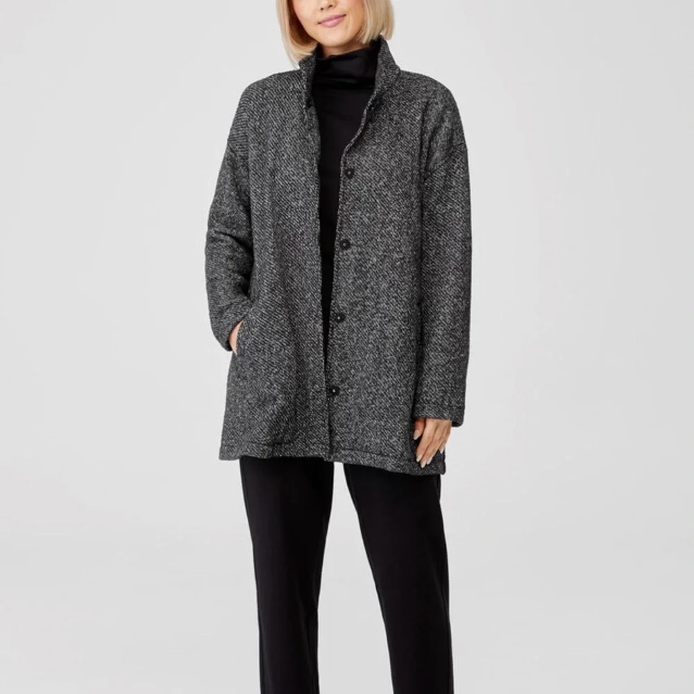 Eileen Fisher 100% cotton Stand Collar Long Herringbone Snap-Front Jacket Coat